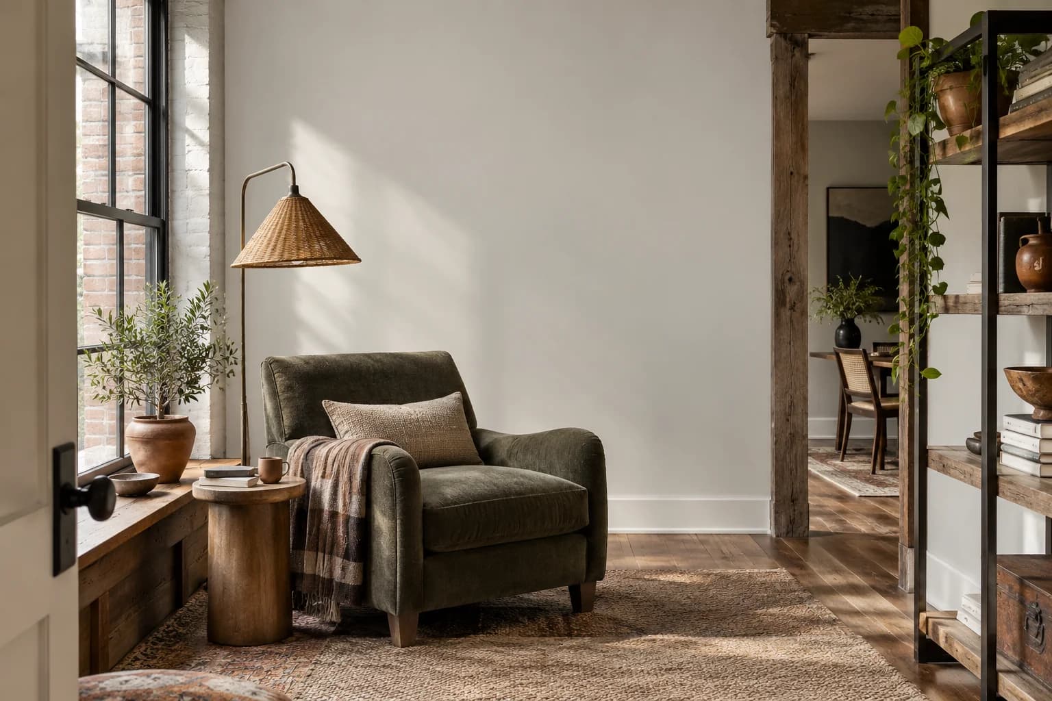 Reading nook with Seashell Gray walls and a cream armchair